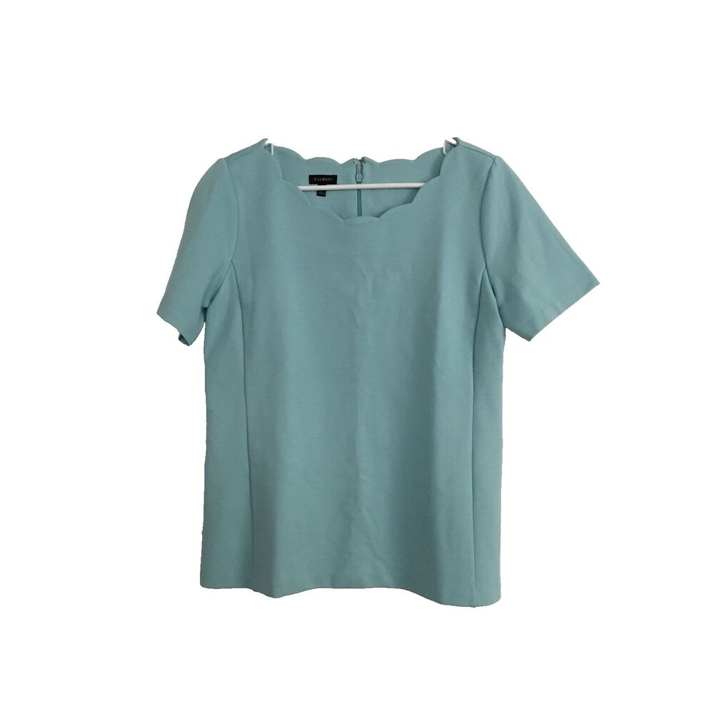 Talbots Blouse Size M Top Casual Teal Short Sleeve Scalloped Neck Line